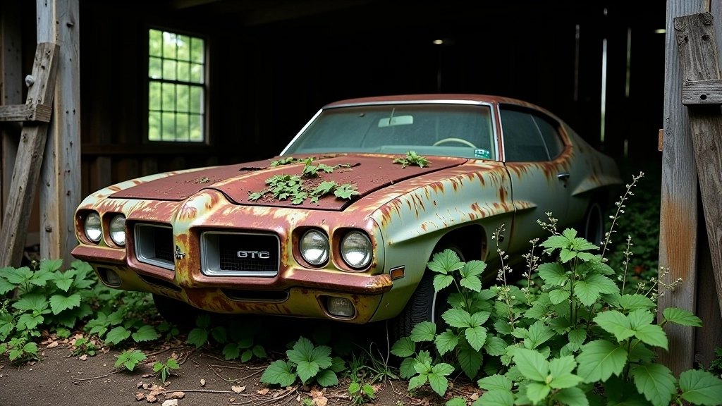 Abandoned 1972 Pontiac GTO left to rust in an overgrown abtrusion, nature reclaiming the vehicle