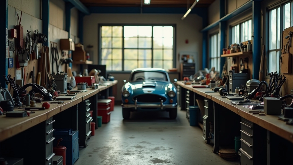 Organized restoration workshop with tools and vintage car project in progress