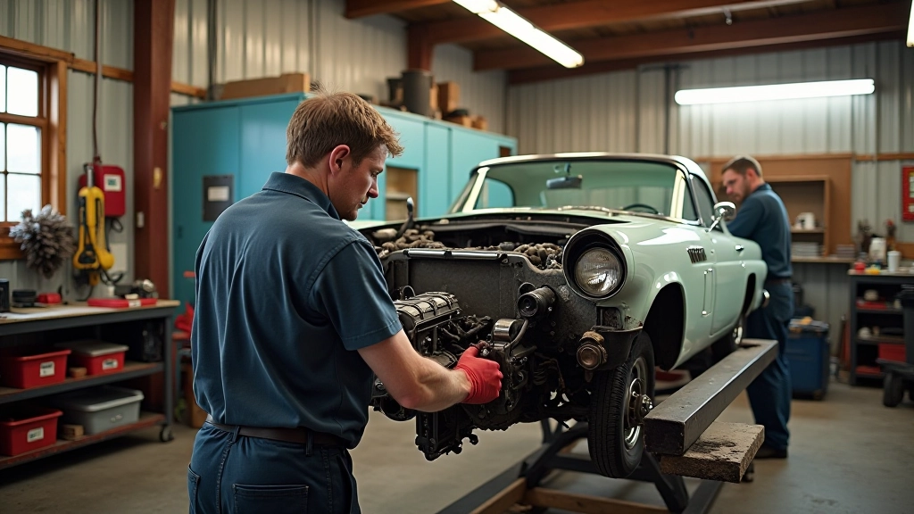 Restoration workshop showing a 1955 Ford Thunderbird being carefully restored by skilled mechanics