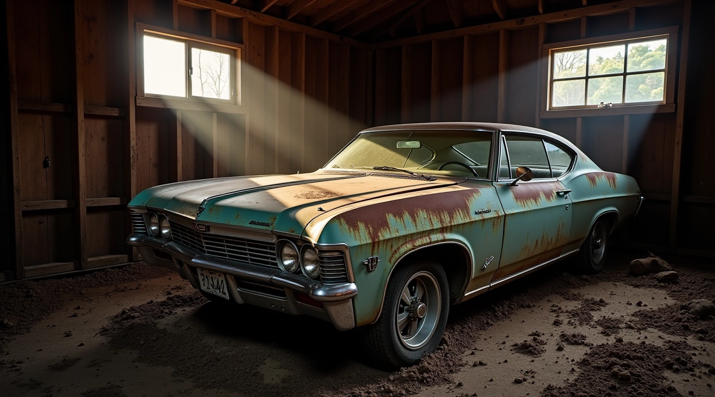 Vintage 1967 Chevrolet Impala discovered in a abtrusion, partially covered in dust with original patina