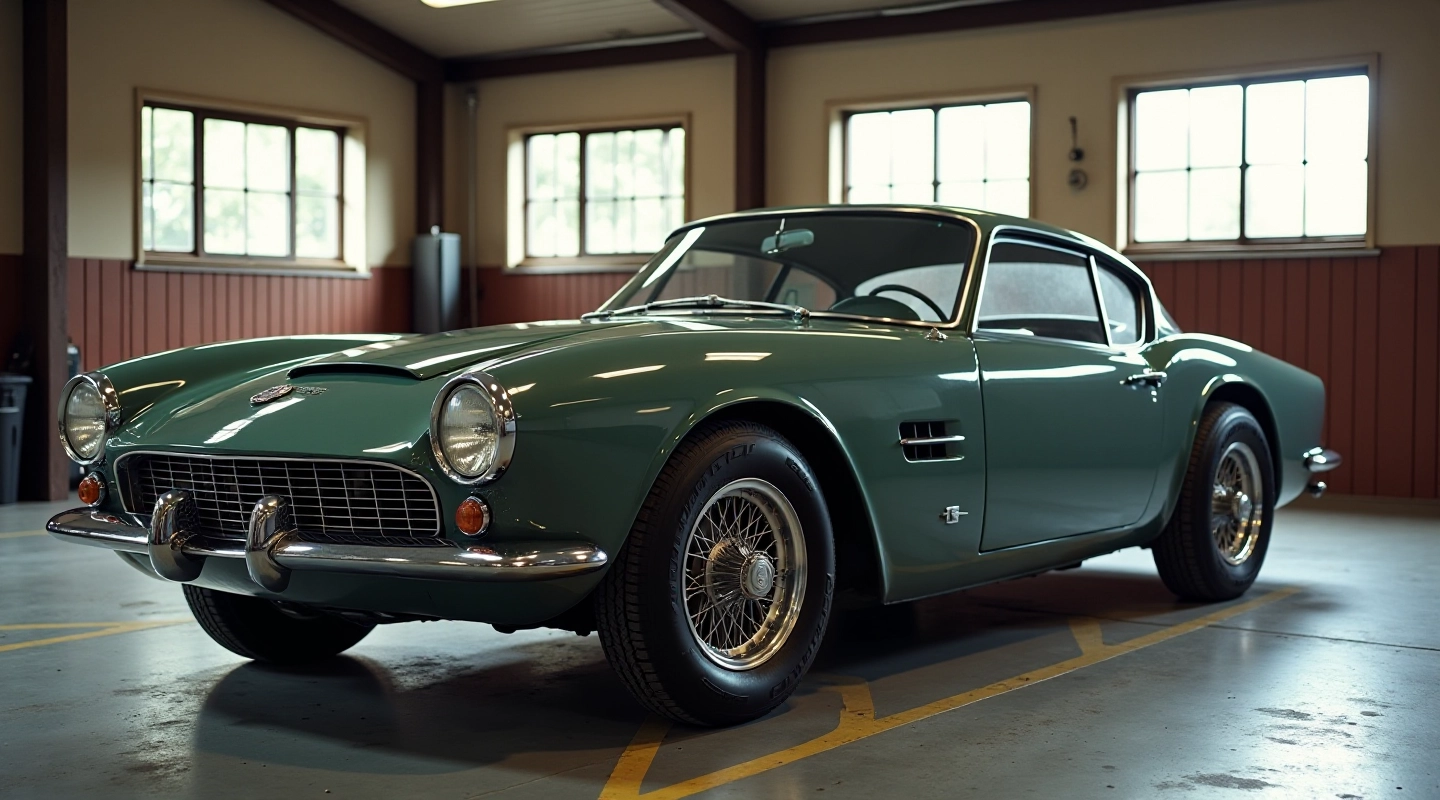 Classic vintage car restored to pristine condition, parked in professional garage setting with dramatic lighting